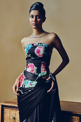 Black Pure Satin Silk Floral Printed Corset by Studio 113