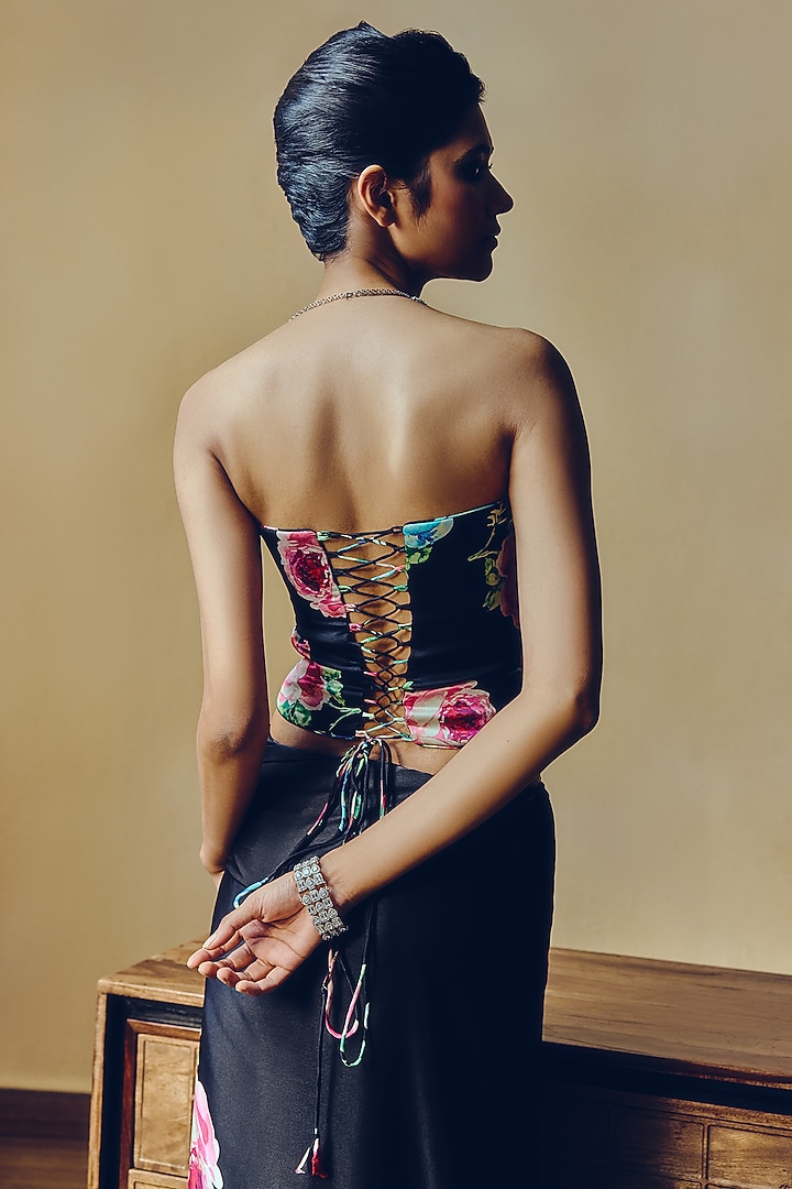 Black Pure Satin Silk Floral Printed Corset by Studio 113 at Pernia's Pop Up Shop
