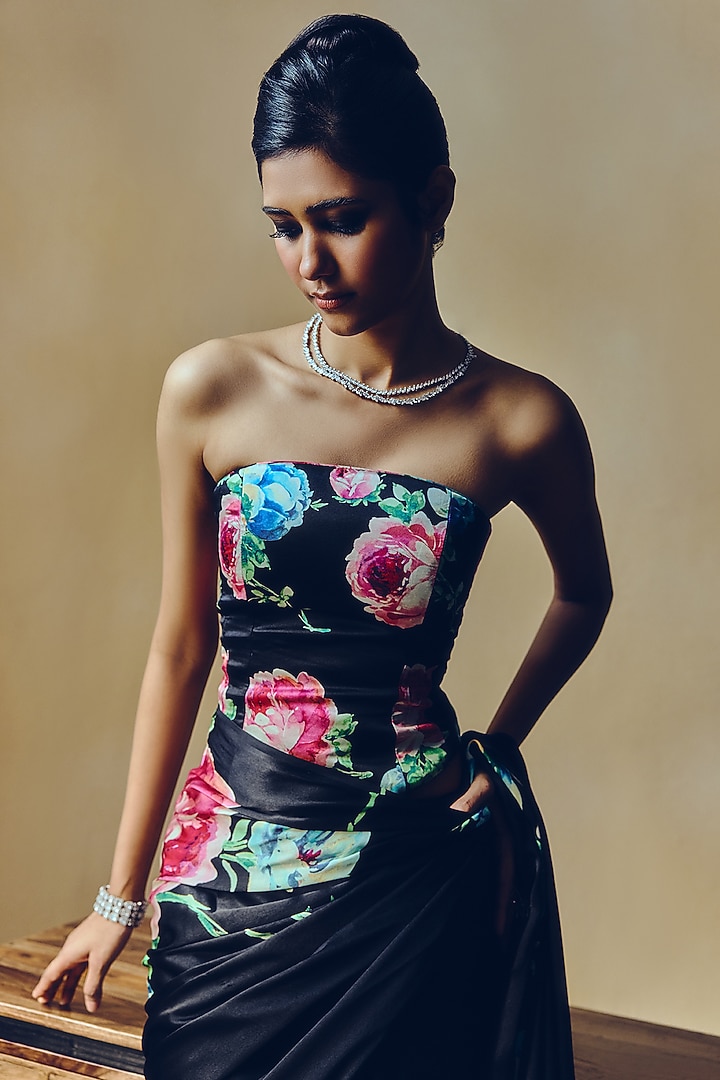 Black Pure Satin Silk Floral Printed Corset by Studio 113 at Pernia's Pop Up Shop