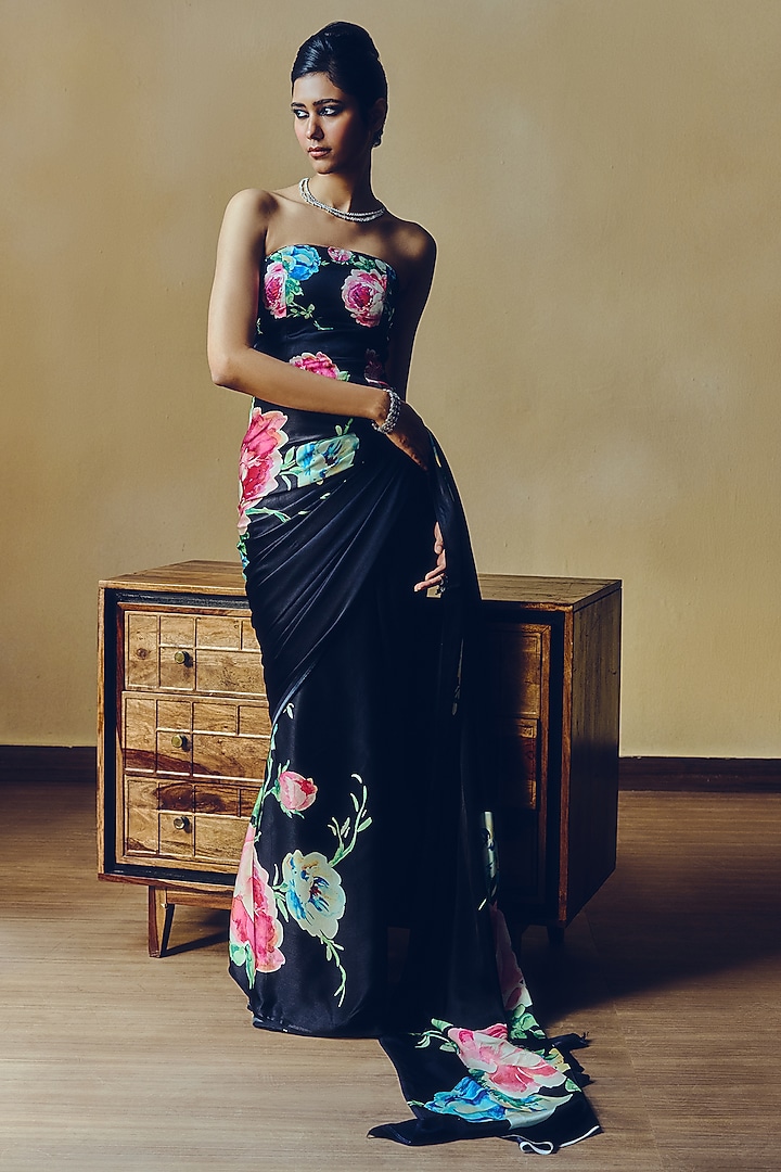 Black Pure Satin Silk Floral Printed Corset by Studio 113 at Pernia's Pop Up Shop