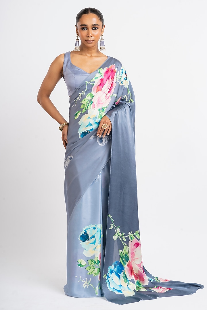 Grey Pure Satin Silk Floral Hand Painted Party Wear Saree by Studio 113 at Pernia's Pop Up Shop
