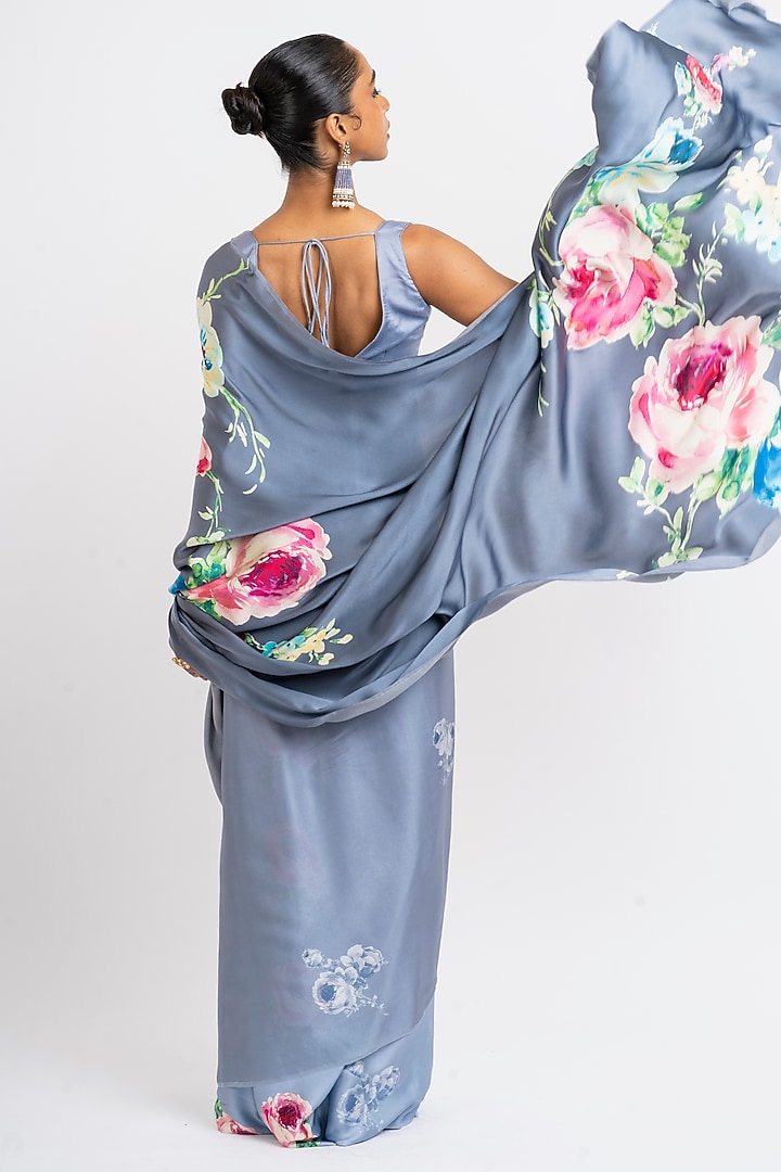 Grey Pure Satin Silk Floral Hand Painted Party Wear Saree by Studio 113 at Pernia's Pop Up Shop