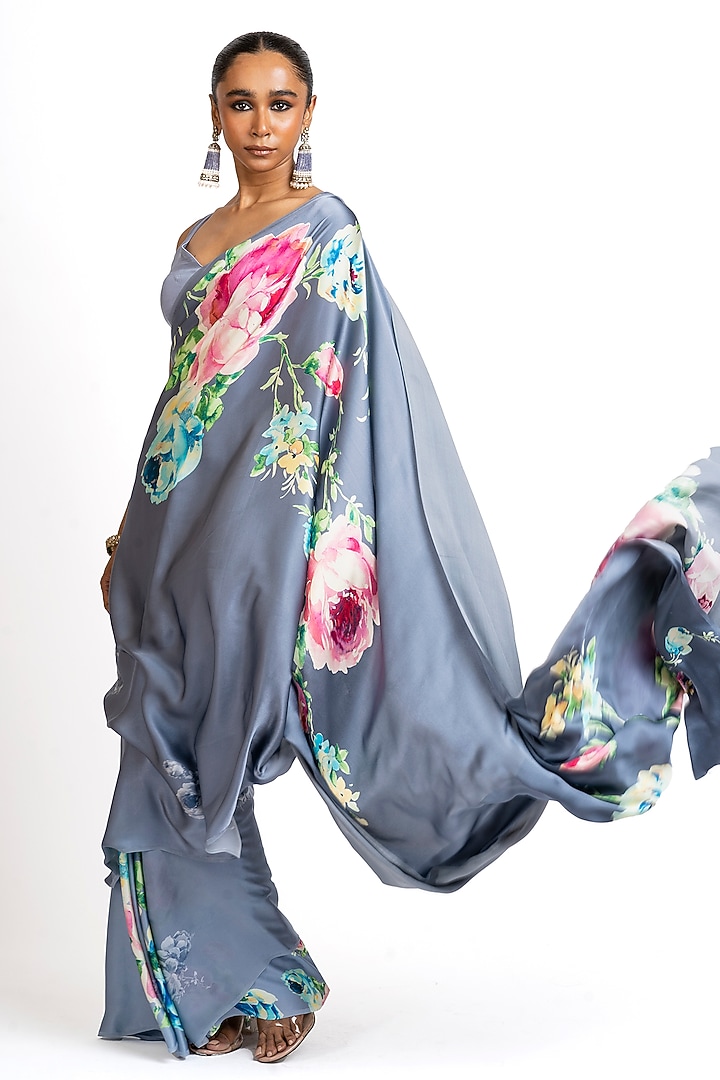 Grey Pure Satin Silk Floral Hand Painted Party Wear Saree by Studio 113 at Pernia's Pop Up Shop