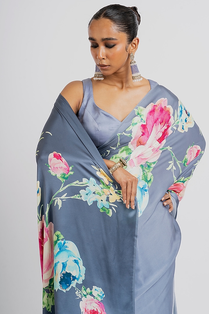 Grey Pure Satin Silk Floral Hand Painted Party Wear Saree by Studio 113 at Pernia's Pop Up Shop