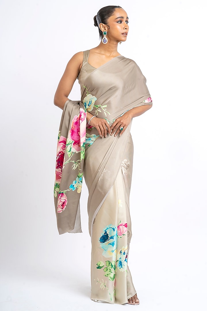 Grey Pure Satin Silk Floral Hand Painted Party Wear Saree by Studio 113 at Pernia's Pop Up Shop