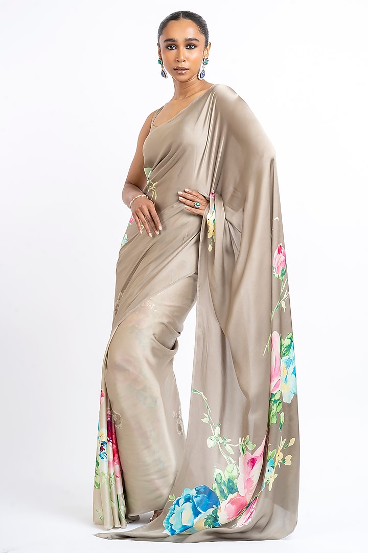 Grey Pure Satin Silk Floral Hand Painted Party Wear Saree by Studio 113 at Pernia's Pop Up Shop