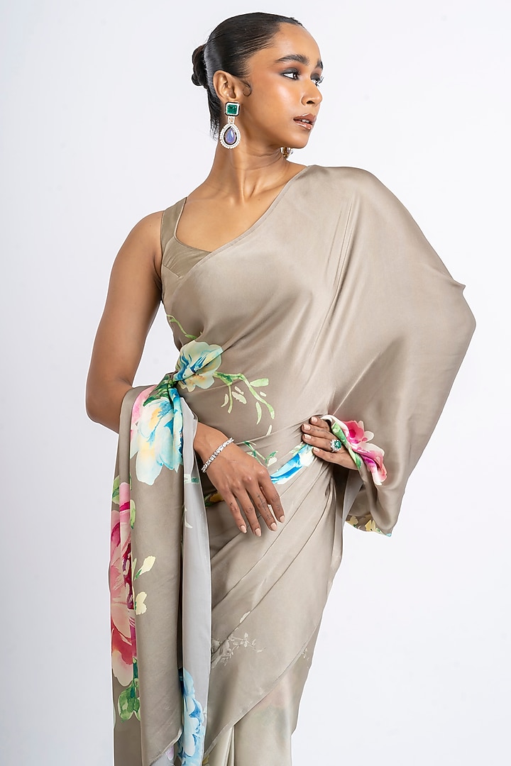 Grey Pure Satin Silk Floral Hand Painted Party Wear Saree by Studio 113 at Pernia's Pop Up Shop
