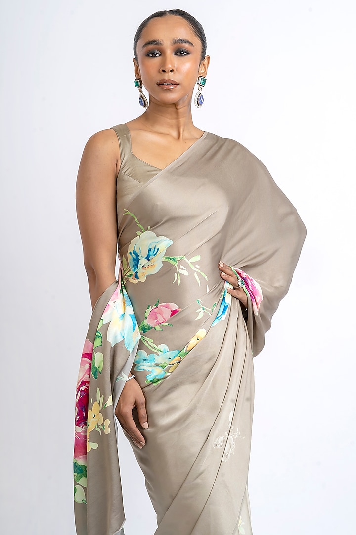 Grey Pure Satin Silk Floral Hand Painted Party Wear Saree by Studio 113 at Pernia's Pop Up Shop