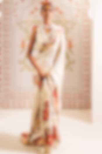 White Pure Satin Silk Abstract Floral Printed Party Wear Saree by Studio 113 at Pernia's Pop Up Shop