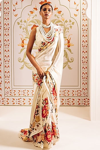 White Pure Satin Silk Abstract Floral Printed Party Wear Saree by Studio 113 at Pernia's Pop Up Shop