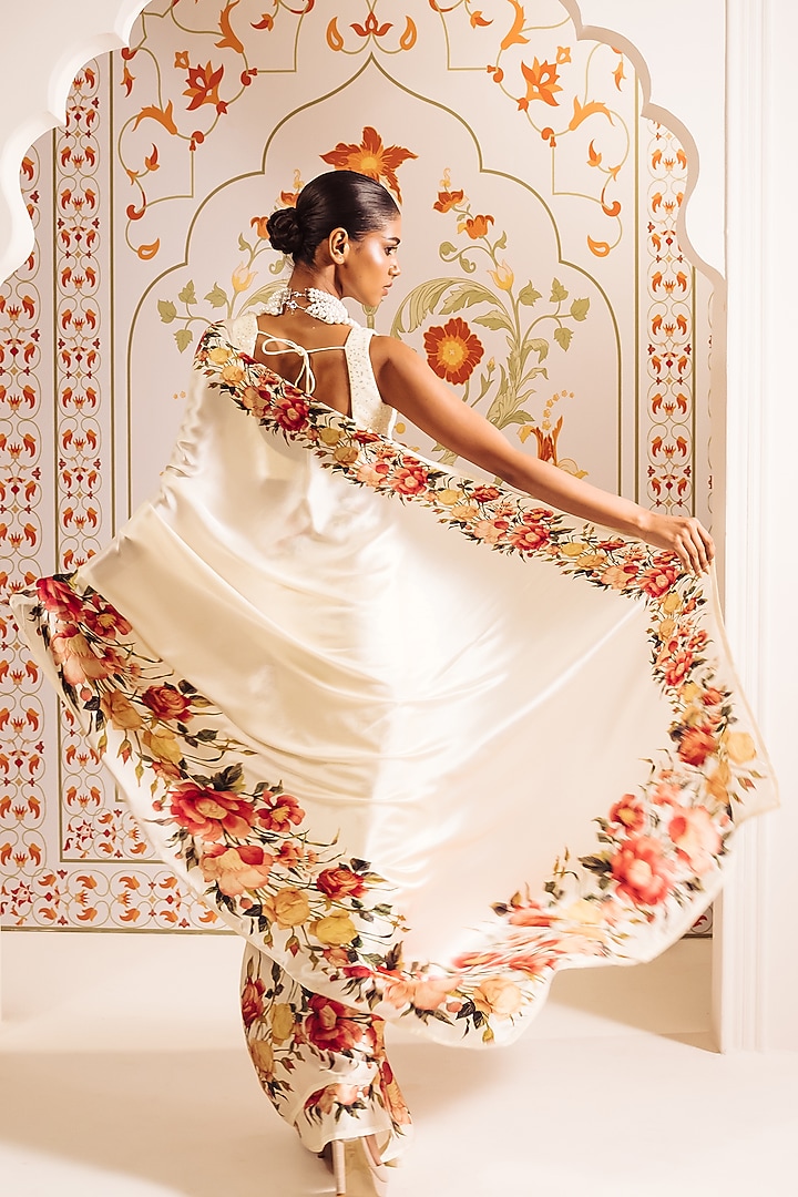 White Pure Satin Silk Abstract Floral Printed Party Wear Saree by Studio 113 at Pernia's Pop Up Shop