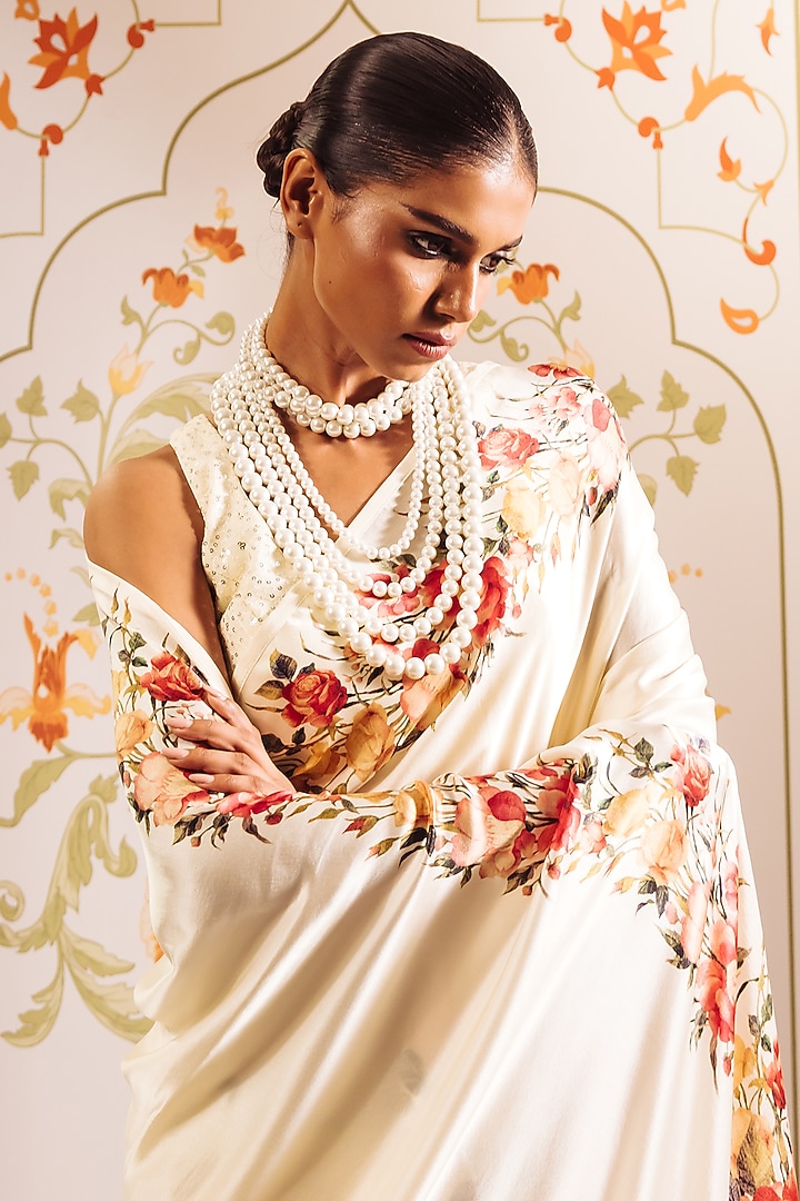 White Pure Satin Silk Abstract Floral Printed Party Wear Saree by Studio 113 at Pernia's Pop Up Shop