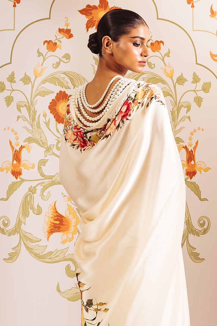 White Pure Satin Silk Abstract Floral Printed Party Wear Saree by Studio 113 at Pernia's Pop Up Shop