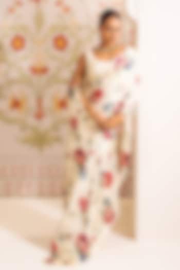 White Pure Satin Silk Abstract Floral Printed Party Wear Saree by Studio 113 at Pernia's Pop Up Shop