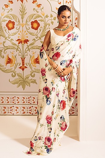 White Pure Satin Silk Abstract Floral Printed Party Wear Saree by Studio 113 at Pernia's Pop Up Shop