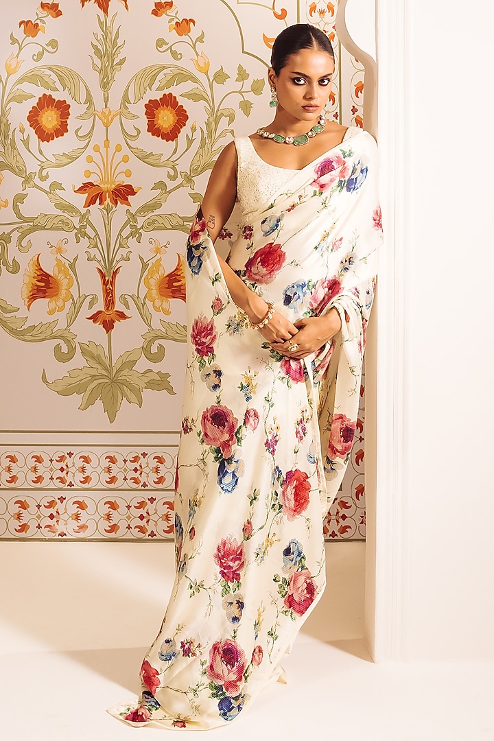 White Pure Satin Silk Abstract Floral Printed Party Wear Saree by Studio 113 at Pernia's Pop Up Shop