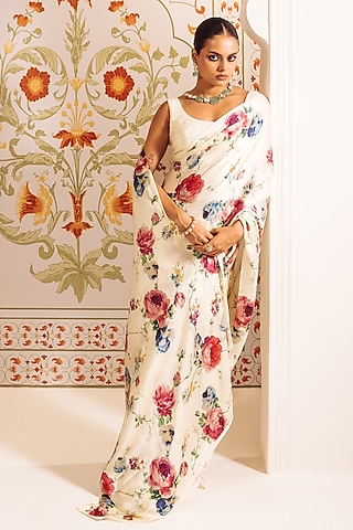 White Pure Satin Silk Abstract Floral Printed Saree by Studio 113