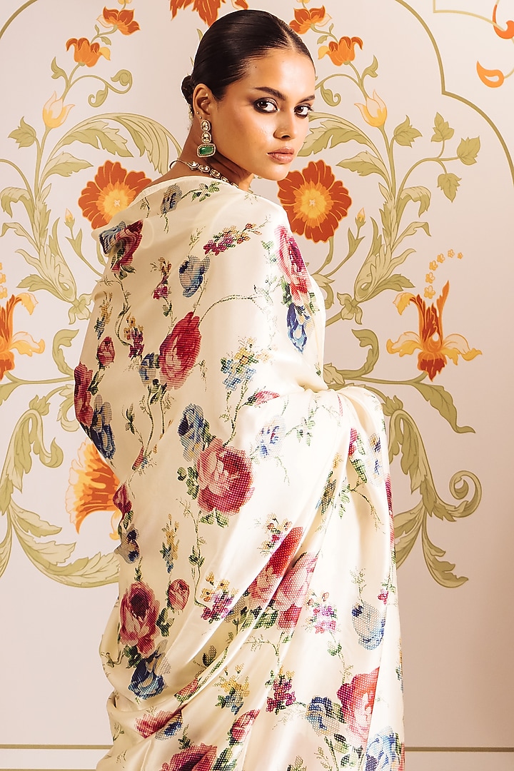 White Pure Satin Silk Abstract Floral Printed Party Wear Saree by Studio 113 at Pernia's Pop Up Shop