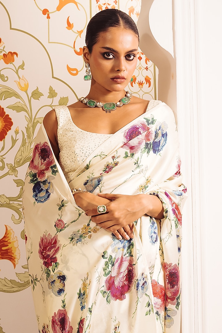 White Pure Satin Silk Abstract Floral Printed Party Wear Saree by Studio 113 at Pernia's Pop Up Shop