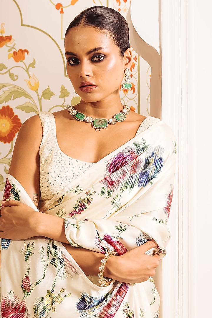 White Pure Satin Silk Abstract Floral Printed Party Wear Saree by Studio 113 at Pernia's Pop Up Shop