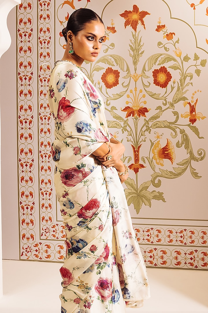 White Pure Satin Silk Abstract Floral Printed Party Wear Saree by Studio 113 at Pernia's Pop Up Shop