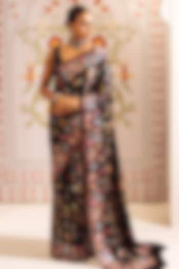 Black Pure Satin Silk Cross-Stitch Embroidered Party Wear Saree by Studio 113 at Pernia's Pop Up Shop