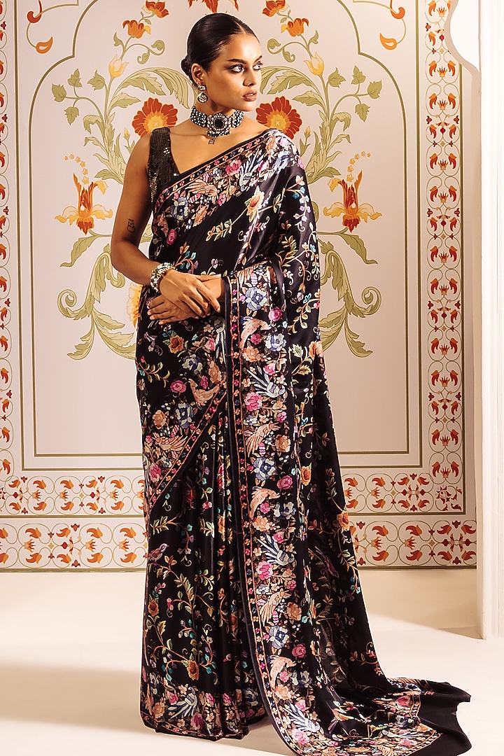 Black Pure Satin Silk Cross-Stitch Embroidered Party Wear Saree by Studio 113 at Pernia's Pop Up Shop