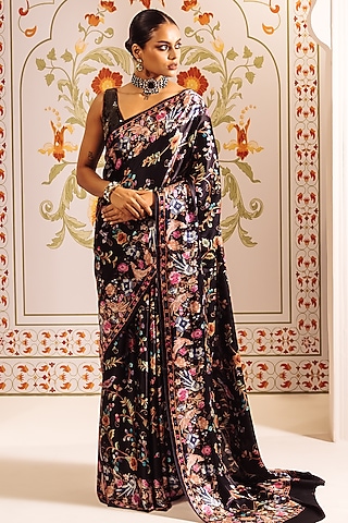 Black Pure Satin Silk Cross-Stitch Embroidered Saree by Studio 113