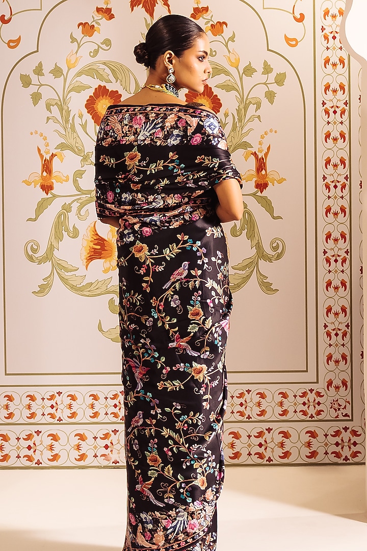 Black Pure Satin Silk Cross-Stitch Embroidered Party Wear Saree by Studio 113 at Pernia's Pop Up Shop