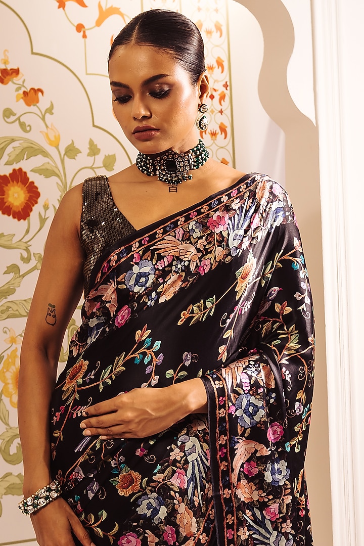 Black Pure Satin Silk Cross-Stitch Embroidered Party Wear Saree by Studio 113 at Pernia's Pop Up Shop