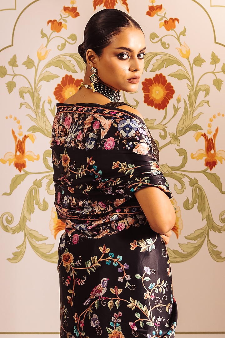Black Pure Satin Silk Cross-Stitch Embroidered Party Wear Saree by Studio 113 at Pernia's Pop Up Shop