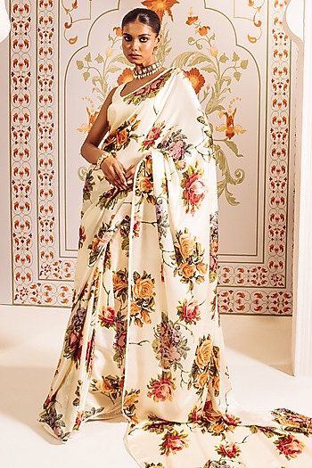 White Pure Satin Silk Cross-Stitch Embroidered Party Wear Saree by Studio 113 at Pernia's Pop Up Shop