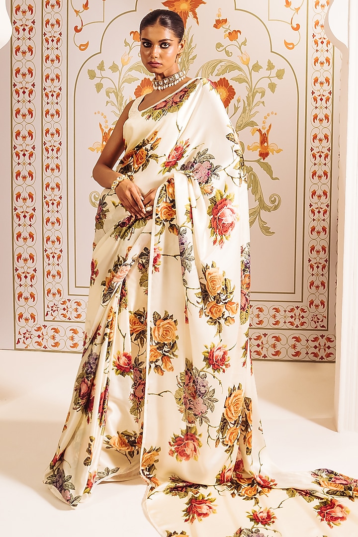 White Pure Satin Silk Cross-Stitch Embroidered Party Wear Saree by Studio 113 at Pernia's Pop Up Shop