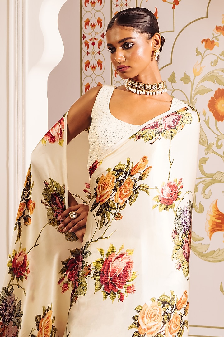 White Pure Satin Silk Cross-Stitch Embroidered Party Wear Saree by Studio 113 at Pernia's Pop Up Shop