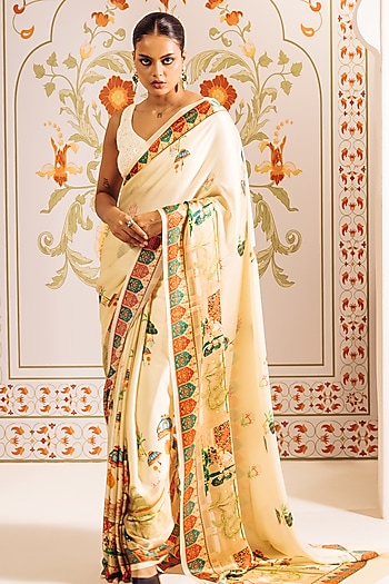 White Pure Satin Silk Bageecha Printed Party Wear Saree by Studio 113 at Pernia's Pop Up Shop