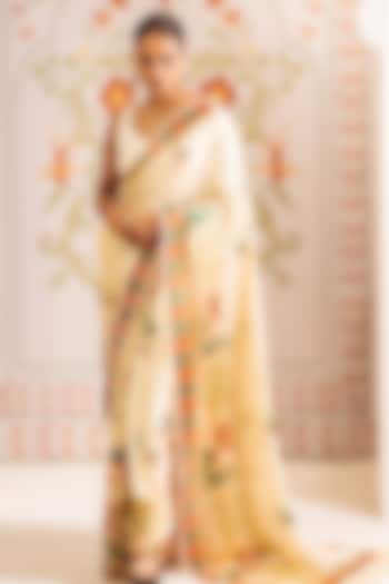 White Pure Satin Silk Bageecha Printed Party Wear Saree by Studio 113 at Pernia's Pop Up Shop
