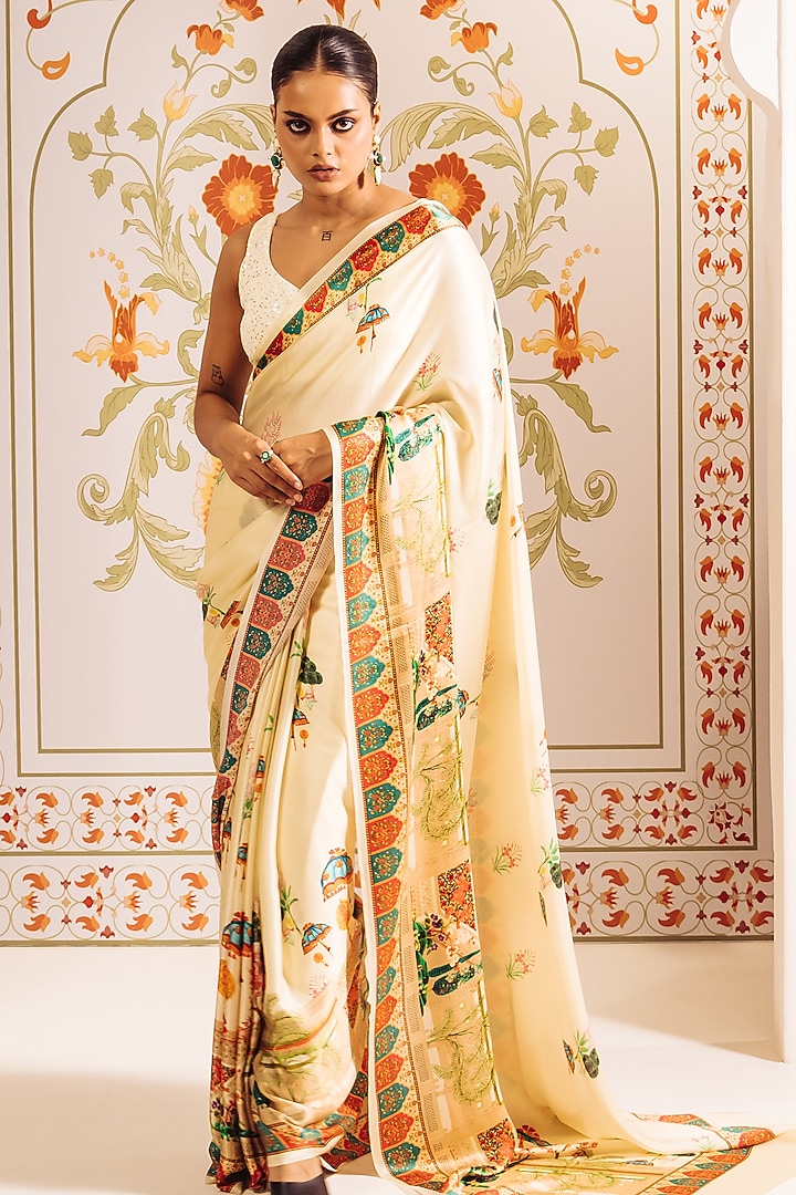 White Pure Satin Silk Bageecha Printed Party Wear Saree by Studio 113 at Pernia's Pop Up Shop