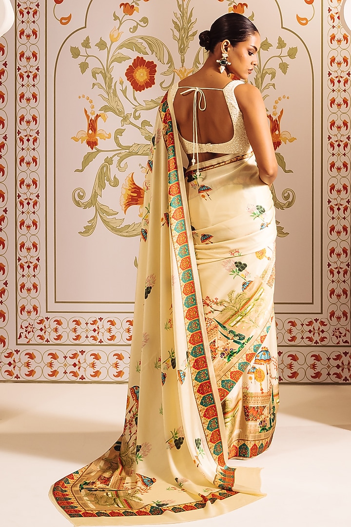 White Pure Satin Silk Bageecha Printed Party Wear Saree by Studio 113 at Pernia's Pop Up Shop