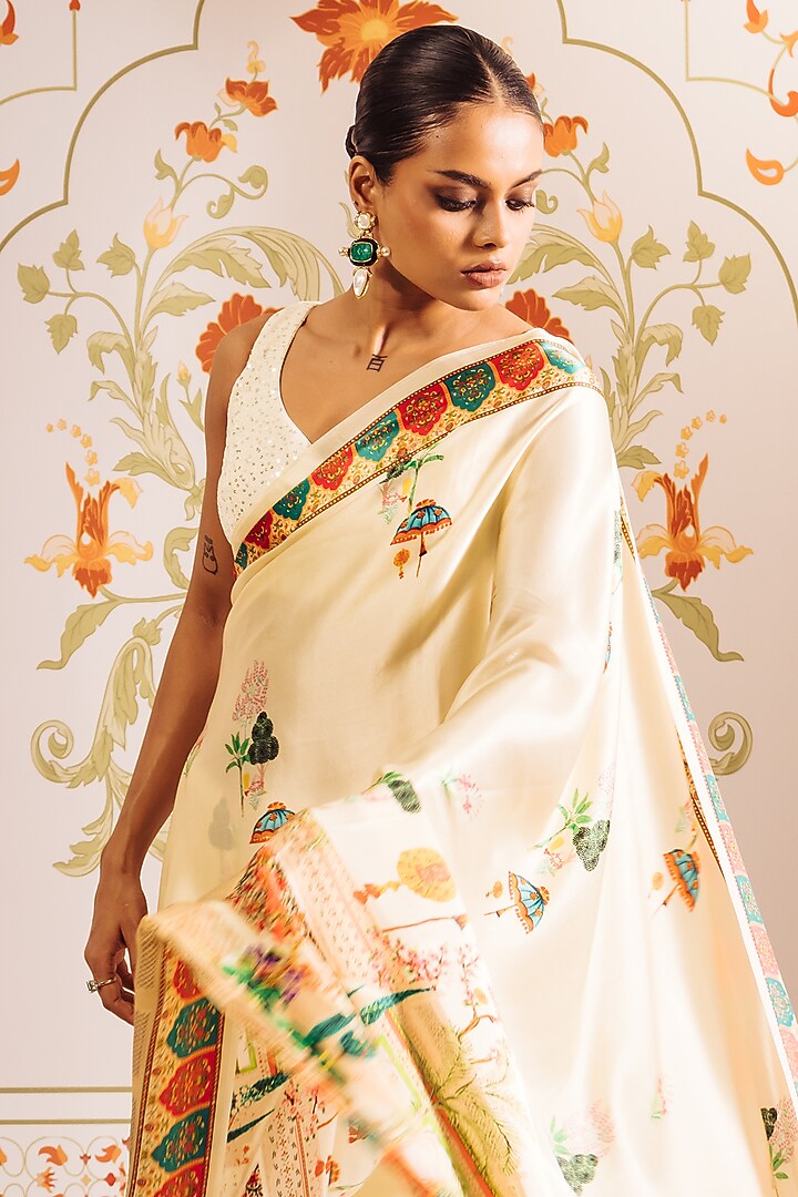 White Pure Satin Silk Bageecha Printed Party Wear Saree by Studio 113 at Pernia's Pop Up Shop