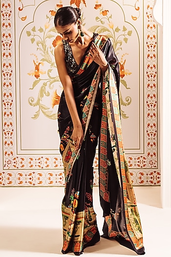 Black Pure Satin Silk Bageecha Printed Party Wear Saree by Studio 113 at Pernia's Pop Up Shop