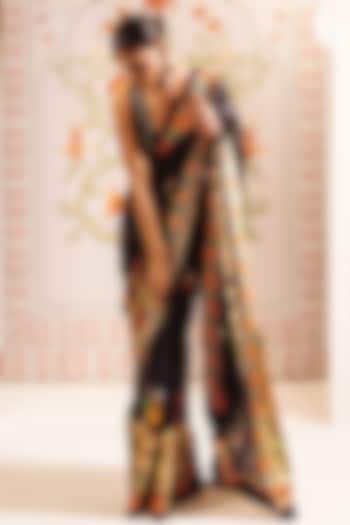 Black Pure Satin Silk Bageecha Printed Party Wear Saree by Studio 113 at Pernia's Pop Up Shop
