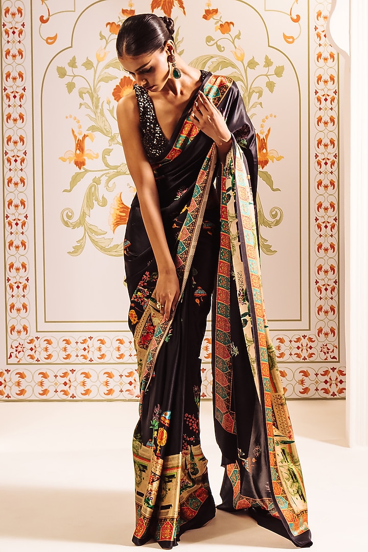 Black Pure Satin Silk Bageecha Printed Party Wear Saree by Studio 113 at Pernia's Pop Up Shop