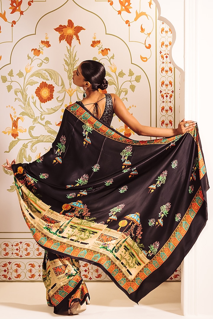 Black Pure Satin Silk Bageecha Printed Party Wear Saree by Studio 113 at Pernia's Pop Up Shop