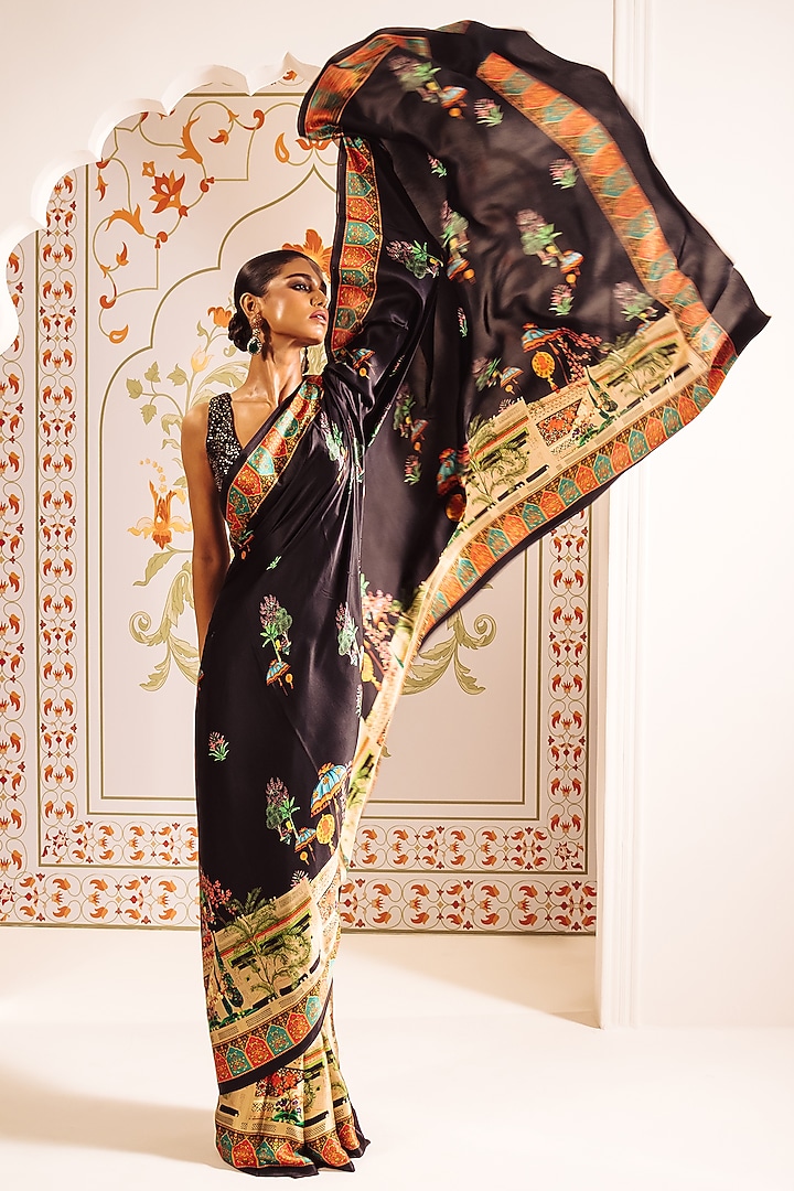 Black Pure Satin Silk Bageecha Printed Party Wear Saree by Studio 113 at Pernia's Pop Up Shop