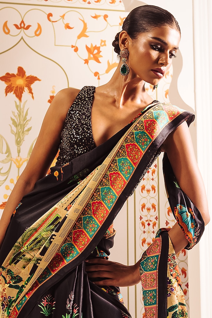Black Pure Satin Silk Bageecha Printed Party Wear Saree by Studio 113 at Pernia's Pop Up Shop