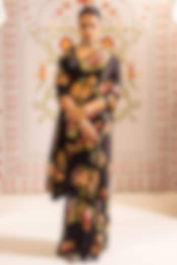 Black Pure Satin Silk Printed & Pari Embroidered Party Wear Saree by Studio 113 at Pernia's Pop Up Shop