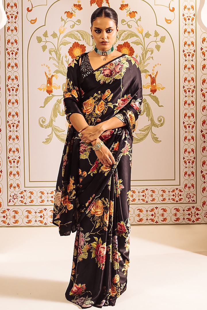 Black Pure Satin Silk Printed & Pari Embroidered Party Wear Saree by Studio 113 at Pernia's Pop Up Shop