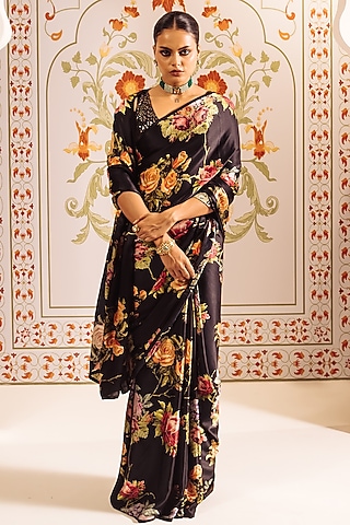 Black Pure Satin Silk Printed & Pari Embroidered Saree by Studio 113