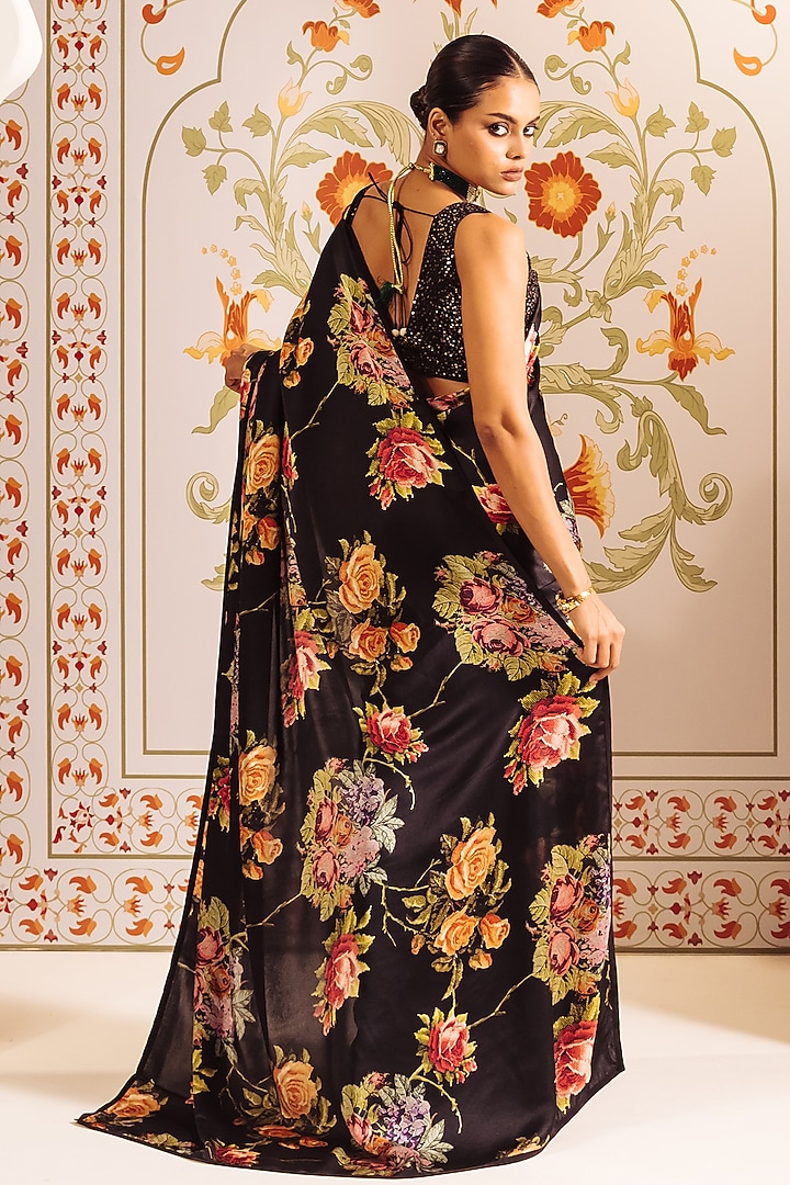 Black Pure Satin Silk Printed & Pari Embroidered Party Wear Saree by Studio 113 at Pernia's Pop Up Shop
