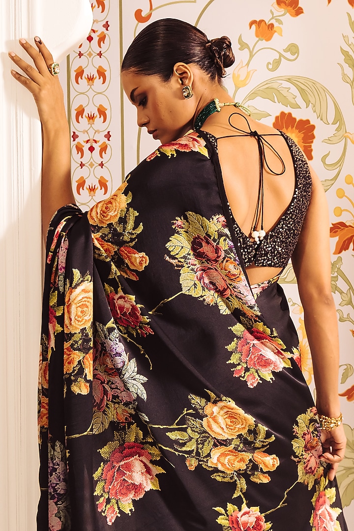Black Pure Satin Silk Printed & Pari Embroidered Party Wear Saree by Studio 113 at Pernia's Pop Up Shop